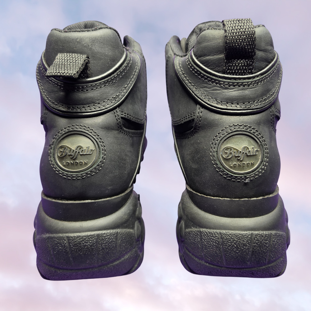 Vtg 90s Buffalo London Black Leather Platform Chunky High Gothic Sneaker 38 - Picture 5 of 7